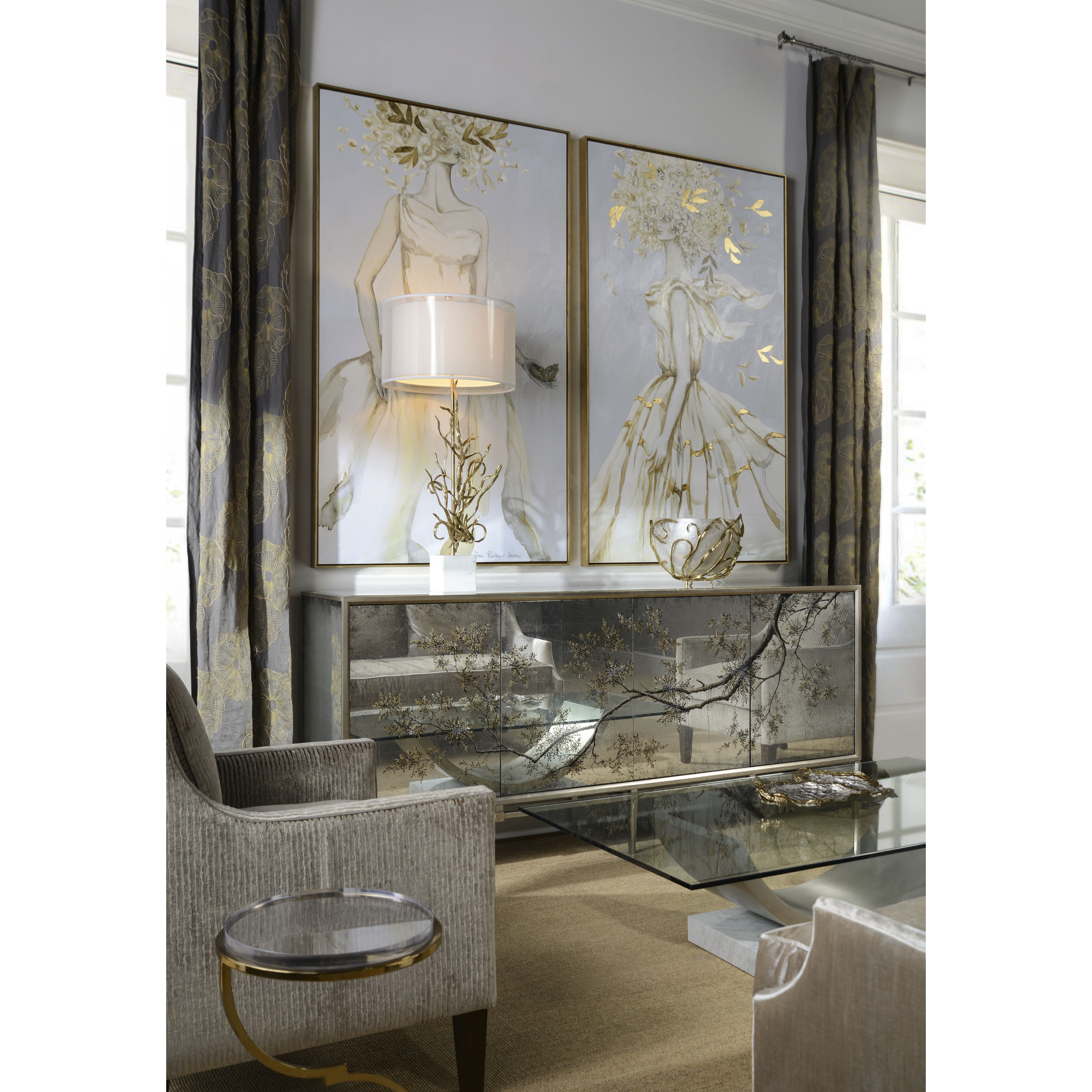 Falling Branch 88 inch Eglomise Reverse Hand Painted Credenza